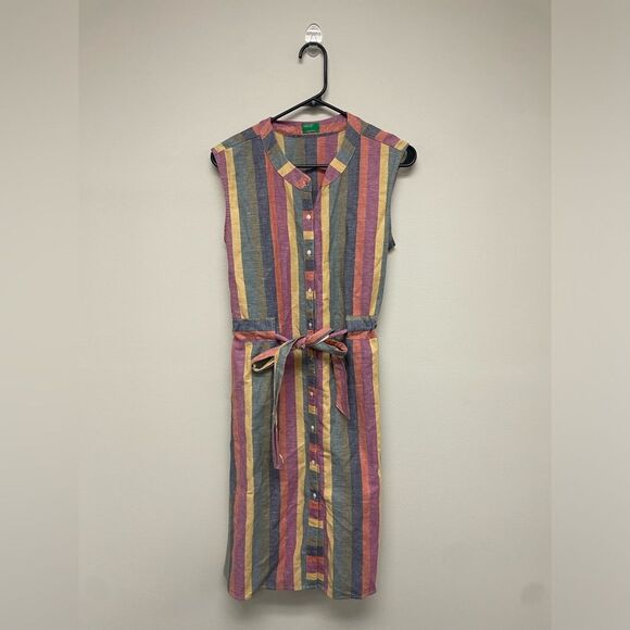 United Colors Of Benetton Yellow & Pink Striped Belted Linen Blend Shirt Dress M - Picture 2 of 7